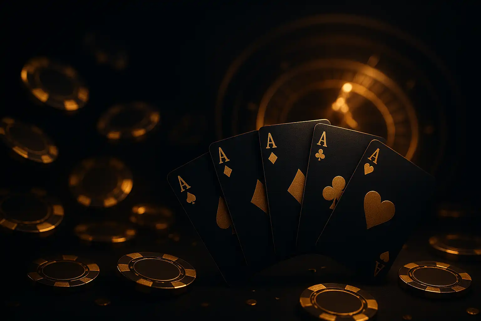 Fichas de casino doradas y cartas de juego sobre una mesa VIP azul oscuro en BetHarbor Casino